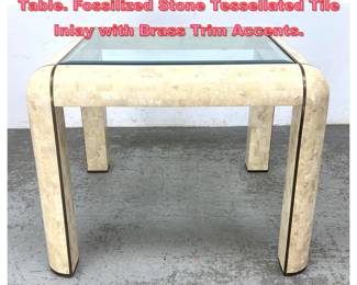 Lot 1551 Maitland Smith style Dining Table. Fossilized Stone Tessellated Tile Inlay with Brass Trim Accents. 