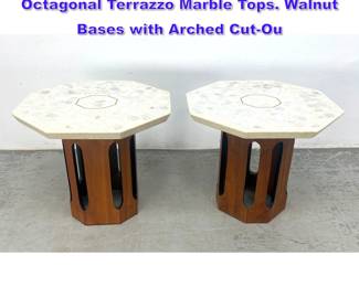 Lot 603 Pr Harvey Probber style Side Tables. Octagonal Terrazzo Marble Tops. Walnut Bases with Arched CutOu