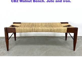 Lot 1098 Mid Century Style Ayush Kasliwal CB2 Walnut Bench. Jute and iron.