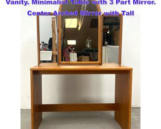 Lot 1063 ULDUM Danish Modern Teak Vanity. Minimalist Table with 3 Part Mirror. Center Arched Mirror with Tall