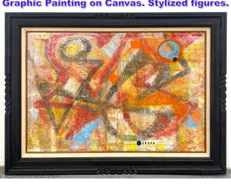 Lot 941 DENNIS SAKELSON Abstract Graphic Painting on Canvas. Stylized figures.