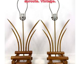 Lot 1354 Pair Wood base lamps with rattan sprouts. Vintage.