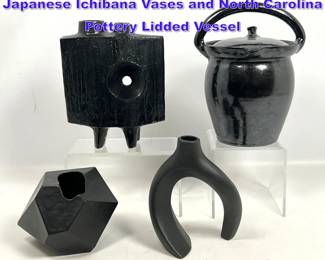 Lot 836 4pcs Vintage Toyo Glazed Ceramic Japanese Ichibana Vases and North Carolina Pottery Lidded Vessel