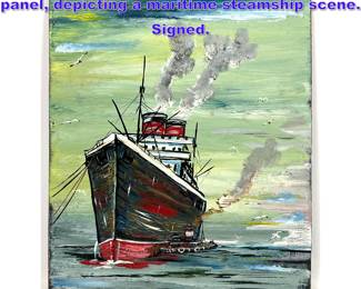 Lot 655 Gebeau oil painting on a hardboard panel, depicting a maritime steamship scene. Signed.