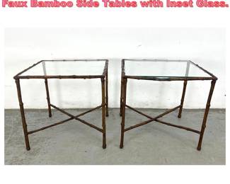 Lot 1212 Mid Century Modern Gilt Metal Faux Bamboo Side Tables with Inset Glass. 