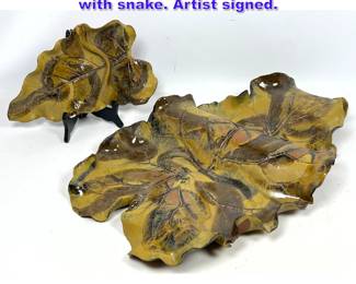 Lot 624 2 Pc Studio Pottery Lead Dishes. 1 with snake. Artist signed.