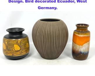 Lot 1139 3pcs Pottery Vases. Cut line Design. Bird decorated Ecuador, West Germany.