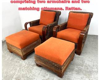 Lot 1736 4pc lounge set by Palecek, comprising two armchairs and two matching ottomans. Rattan.