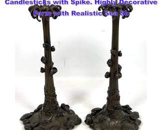 Lot 902 Pr Japanese Meiji style Bronze Candlesticks with Spike. Highly Decorative Form with Realistic Sea Sh