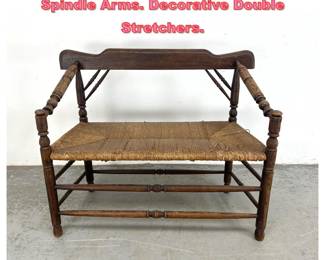 Lot 1558 French Rush Seat Bench. Turned Spindle Arms. Decorative Double Stretchers. 