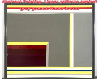 Lot 1607 Ilya Bolotowsky style Modernist Abstract Painting. Linear patterns against gray ground. Name in stre
