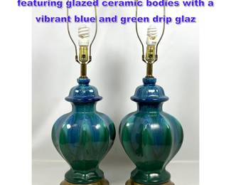 Lot 1051 Pair MidCentury table lamps featuring glazed ceramic bodies with a vibrant blue and green drip glaz