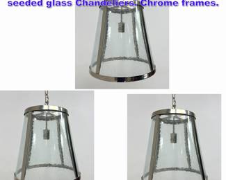 Lot 986 3pc large pendant lights with seeded glass Chandeliers. Chrome frames.