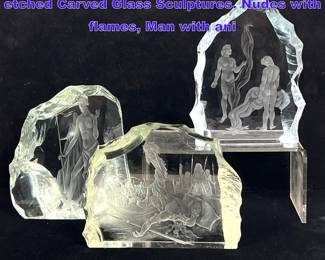 Lot 780 3pcs Jindirich Tockstein Intricately etched Carved Glass Sculptures. Nudes with flames, Man with ani