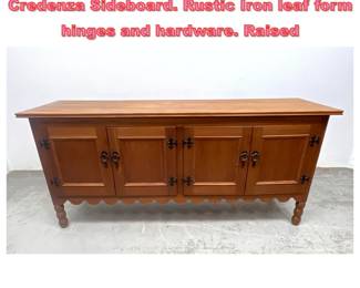 Lot 1555 French Scalloped Trim Country Credenza Sideboard. Rustic Iron leaf form hinges and hardware. Raised 