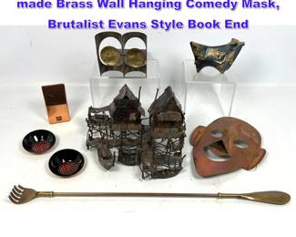 Lot 1156 Lot of Mid Century Metal, Artist made Brass Wall Hanging Comedy Mask, Brutalist Evans Style Book End