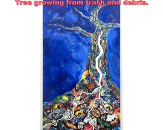 Lot 1645 Large Mural Painting on Board. Tree growing from trash and debris. 