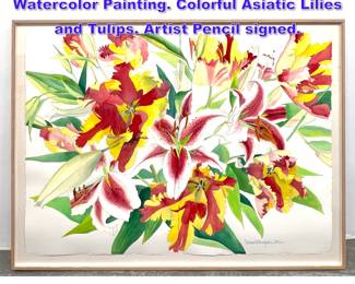 Lot 1105 RICHARD BOLUGH 1991 Watercolor Painting. Colorful Asiatic Lilies and Tulips. Artist Pencil signed.