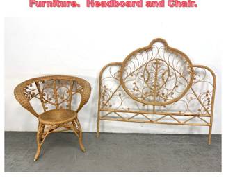 Lot 1733 2pcs Fancy Wicker Rattan Furniture. Headboard and Chair. 