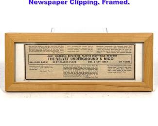 Lot 791 Andy Warhol Velvet Underground Newspaper Clipping. Framed.