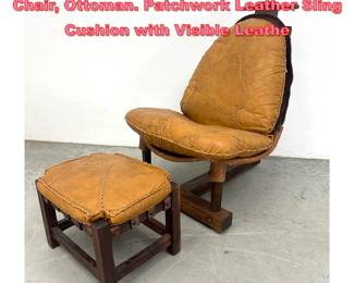 Lot 1538 Brutalist Brazilian style Lounge Chair, Ottoman. Patchwork Leather Sling Cushion with Visible Leathe
