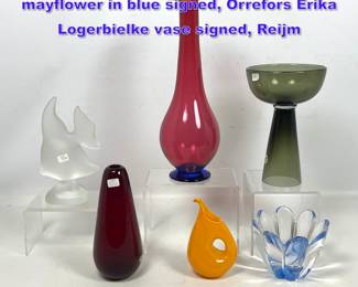 Lot 1148 6pc MCM glass items Orrefors mayflower in blue signed, Orrefors Erika Logerbielke vase signed, Reijm