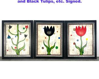 Lot 923 3pc LASLO Flower Paintings. Red and Black Tulips, etc. Signed.