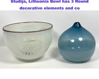 Lot 699 2pc Studio Art Glass. Vilniaus Stiklo Studija, Lithuania Bowl has 3 Round decorative elements and co