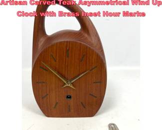 Lot 1525 60s Danish Modern Denmark Artisan Carved Teak Asymmetrical Wind Up Clock with Brass Inset Hour Marke