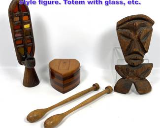 Lot 1171 Vintage Tiki and Wood Lot. Witco style figure. Totem with glass, etc.