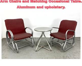 Lot 1655 3pc lot 2 Machine Age Gliding Arm Chairs and Matching Occasional Table. Aluminum and upholstery.