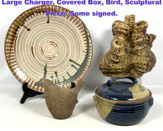 Lot 1144 4pc Artisan Pottery Collection. Large Charger, Covered Box, Bird, Sculptural Piece. Some signed.