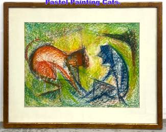 Lot 852 Artist Signed Abstract Modern Pastel Painting Cats.