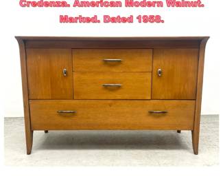 Lot 1404 DREXEL Profile Sideboard Credenza. American Modern Walnut. Marked. Dated 1958. 