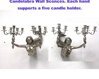 Lot 626 Pr Silvered Metal Figural Mermaid Candelabra Wall Sconces. Each hand supports a five candle holder.