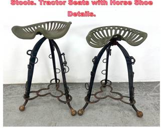 Lot 1621 Pair Custom Welded Iron Bar Stools. Tractor Seats with Horse Shoe Details. 