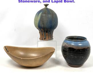 Lot 829 3pcs Studio Pottery. Signed Glazed Stoneware, and Lapid Bowl.