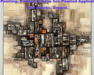 Lot 942 Modernist H PARTOS Mixed Media Painting. Painted Canvas has Painted Applied Thin Blocks. Signed.