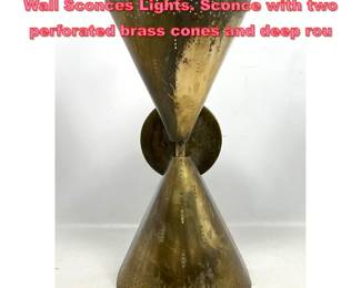Lot 1485 PAAVO TYNELL Designer Brass Wall Sconces Lights. Sconce with two perforated brass cones and deep rou