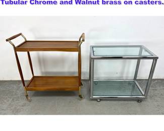 Lot 1072 2pcs Bar Cart Tea Trolley Tables. Tubular Chrome and Walnut brass on casters.