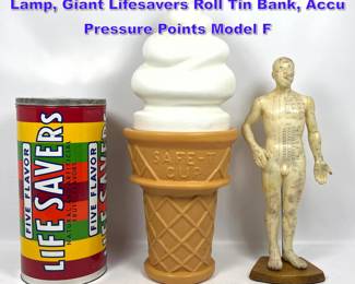 Lot 1125 3pcs Vintage Giant Ice Cream Cone Lamp, Giant Lifesavers Roll Tin Bank, Accu Pressure Points Model F