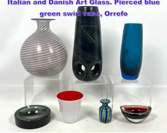 Lot 1152 7pc Art Glass Lot. Collection of Italian and Danish Art Glass. Pierced blue green swirl vase, Orrefo