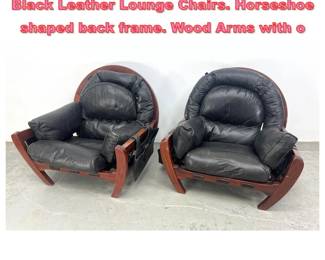 Lot 1200 DAY 3 Pr LUCIANO FRIGERIO Black Leather Lounge Chairs. Horseshoe shaped back frame. Wood Arms with o