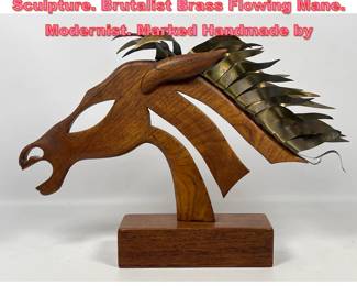 Lot 1446 Mixed Medium Teak Horse Head Sculpture. Brutalist Brass Flowing Mane. Modernist. Marked Handmade by 