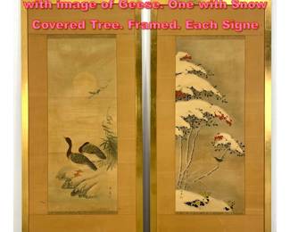 Lot 1573 2pc Asian Paintings on Silk. One with image of Geese. One with Snow Covered Tree. Framed. Each Signe