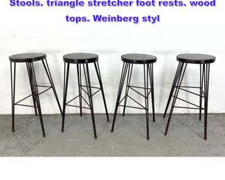Lot 915 Set 4 Unique Design Hairpin Iron Bar Stools. triangle stretcher foot rests. wood tops. Weinberg styl