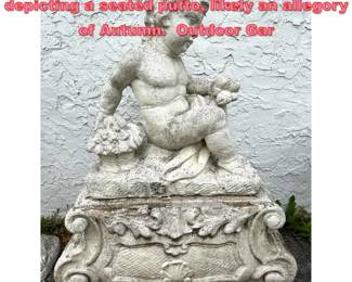Lot 1697 2 Part Cast stone garden statue depicting a seated putto, likely an allegory of Autumn. Outdoor Gar