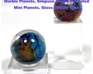 Lot 691 2pc JOSH SIMPSON Art Glass Marble Planets. Simpson Studio Inhabited Mini Planets. Glass Display Stan