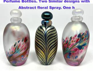 Lot 711 3pc American Studio Art Glass Perfume Bottles. Two Similar designs with Abstract floral Spray. One h