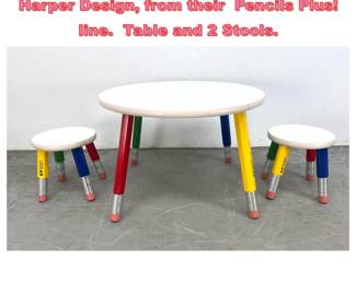 Lot 1374 3pc Children s furniture set by Harper Design, from their Pencils Plus line. Table and 2 Stools.
